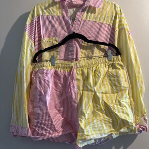 Cotton yellow & red pinstripe shorts/shirt set
